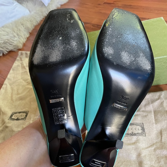 Gucci Women's Turquoise Mid Heel Open Toe Mules Sz 39.5 - Picture 4 of 11
